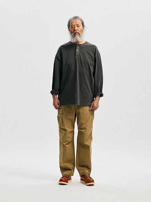Лонгслив PIGMENT DYEING HENLEY NECK (размер L, цвет Темно-серый)